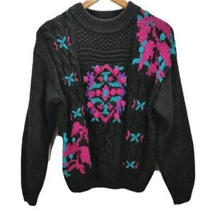 VTG Rafferty Sweater Womens M Black Cable Knit Embroidered Jewel Tones 90s